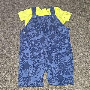 9 month short sleeved shirt with overalls. Tropical themed pants.